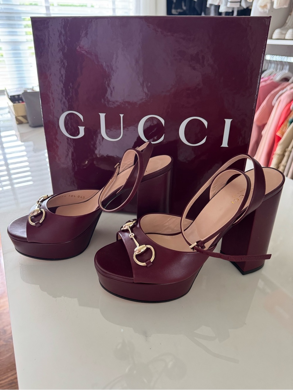 Gucci Burgundy Leather Platform Slingback Heels with Gold Horsebit